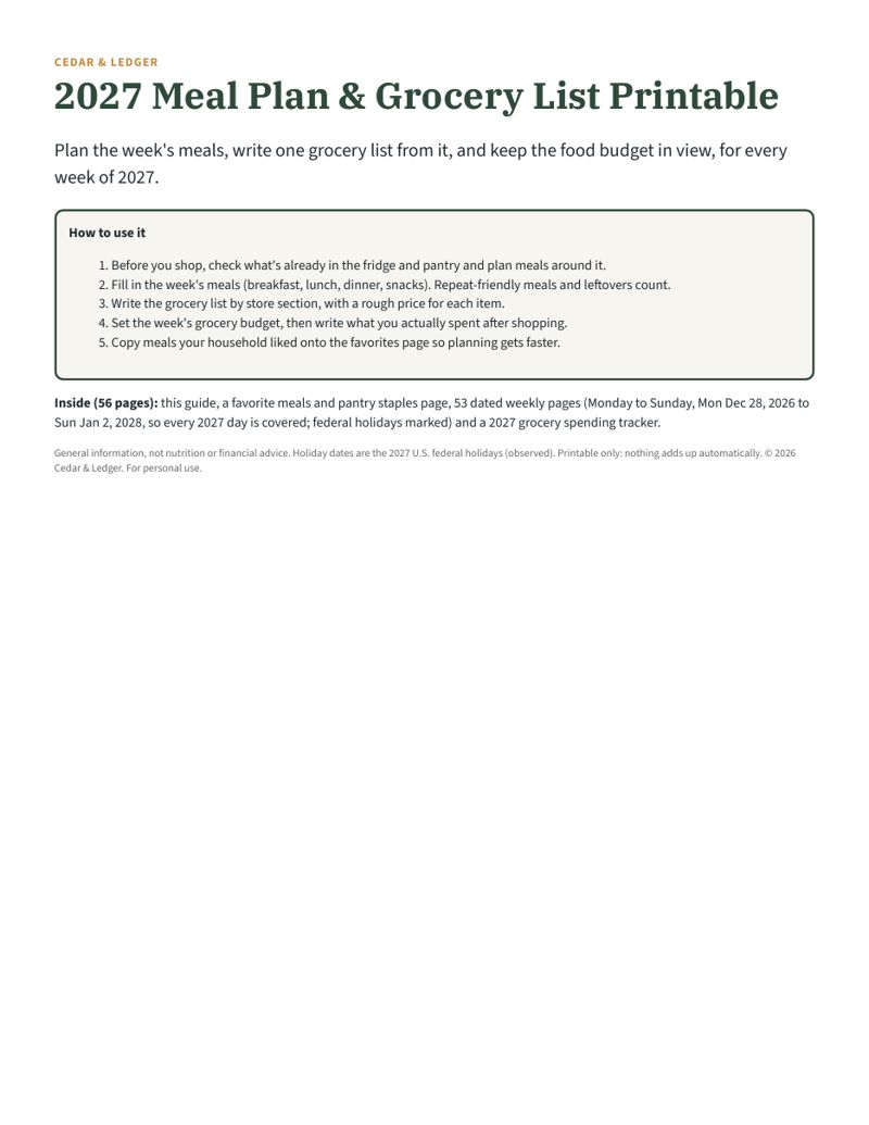 2027 Meal Plan & Grocery List Printable: guide 01 preview