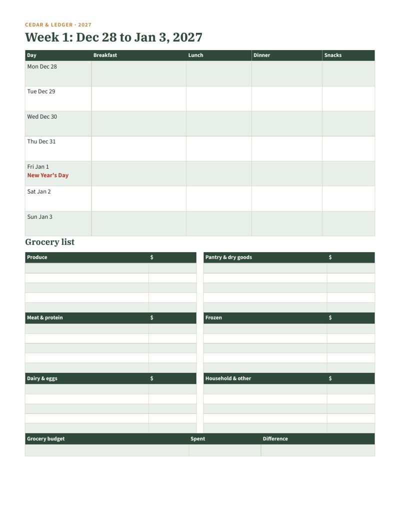 2027 Meal Plan & Grocery List Printable: week 03 preview