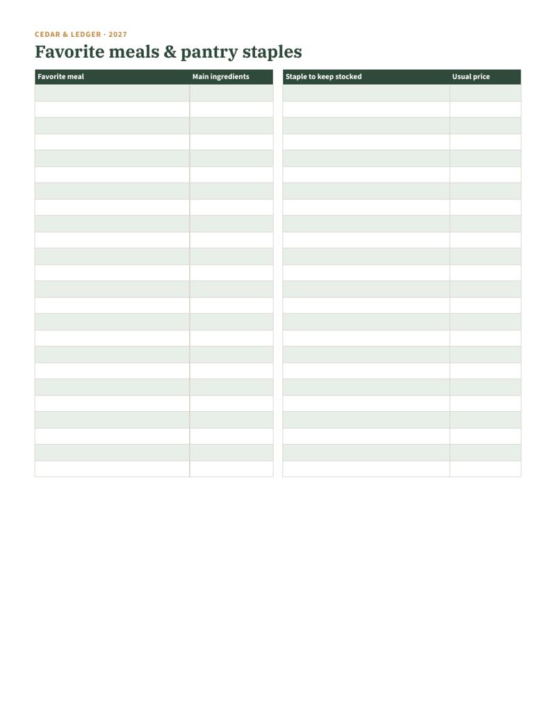 2027 Meal Plan & Grocery List Printable: favorites 02 preview