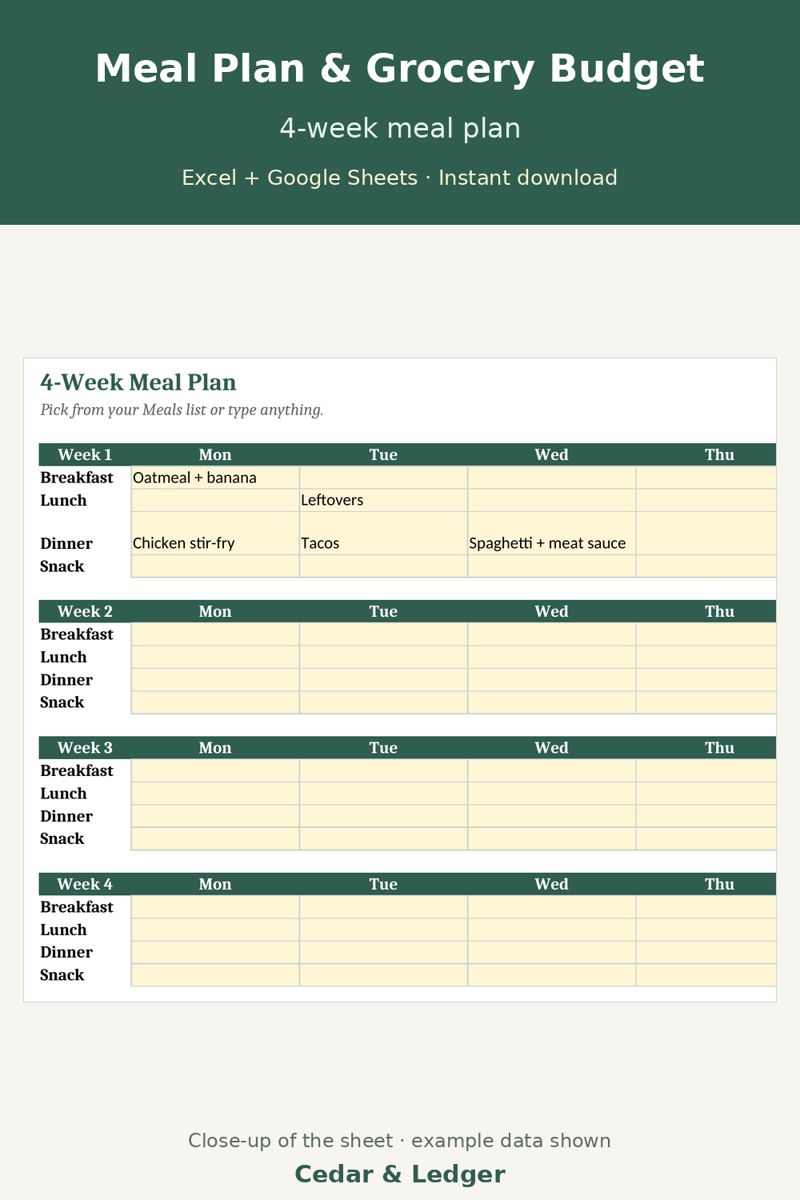 Meal Plan + Grocery Budget preview (example data)