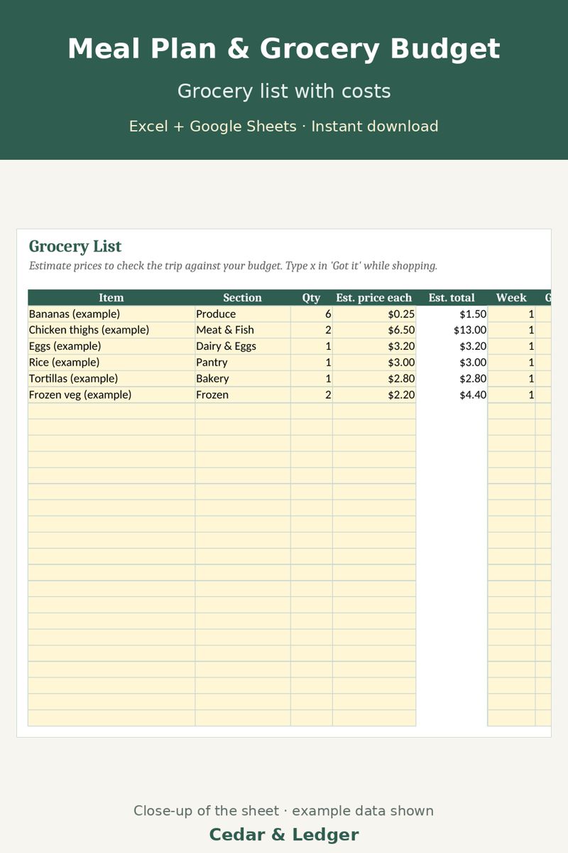 Meal Planner and Grocery Budget Spreadsheet (4-Week Plan): grocery preview