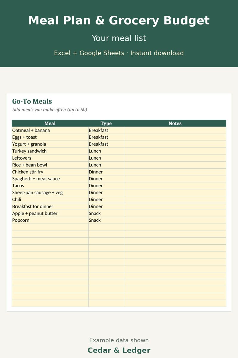 Meal Planner and Grocery Budget Spreadsheet (4-Week Plan): your preview