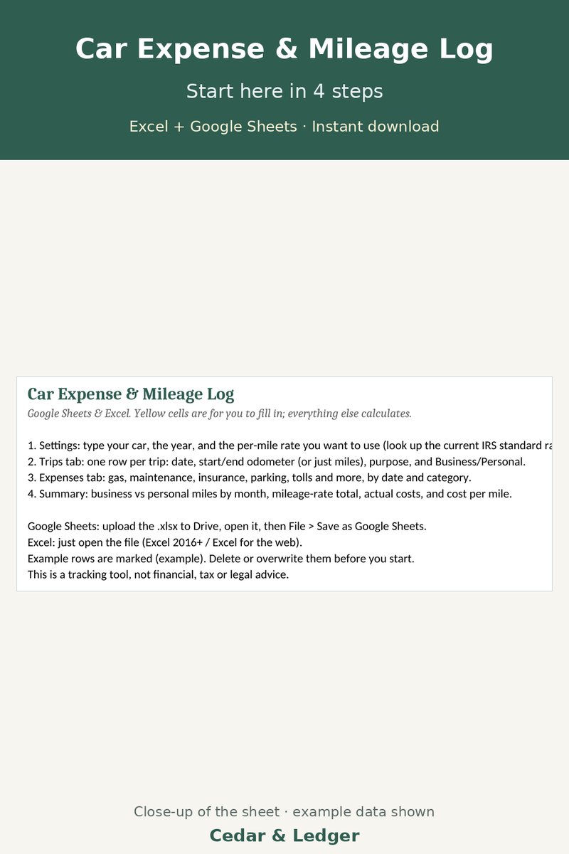 Mileage Log and Car Expense Tracker Spreadsheet: start preview