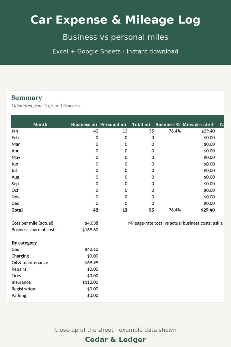 Mileage Log and Car Expense Tracker Spreadsheet: business preview