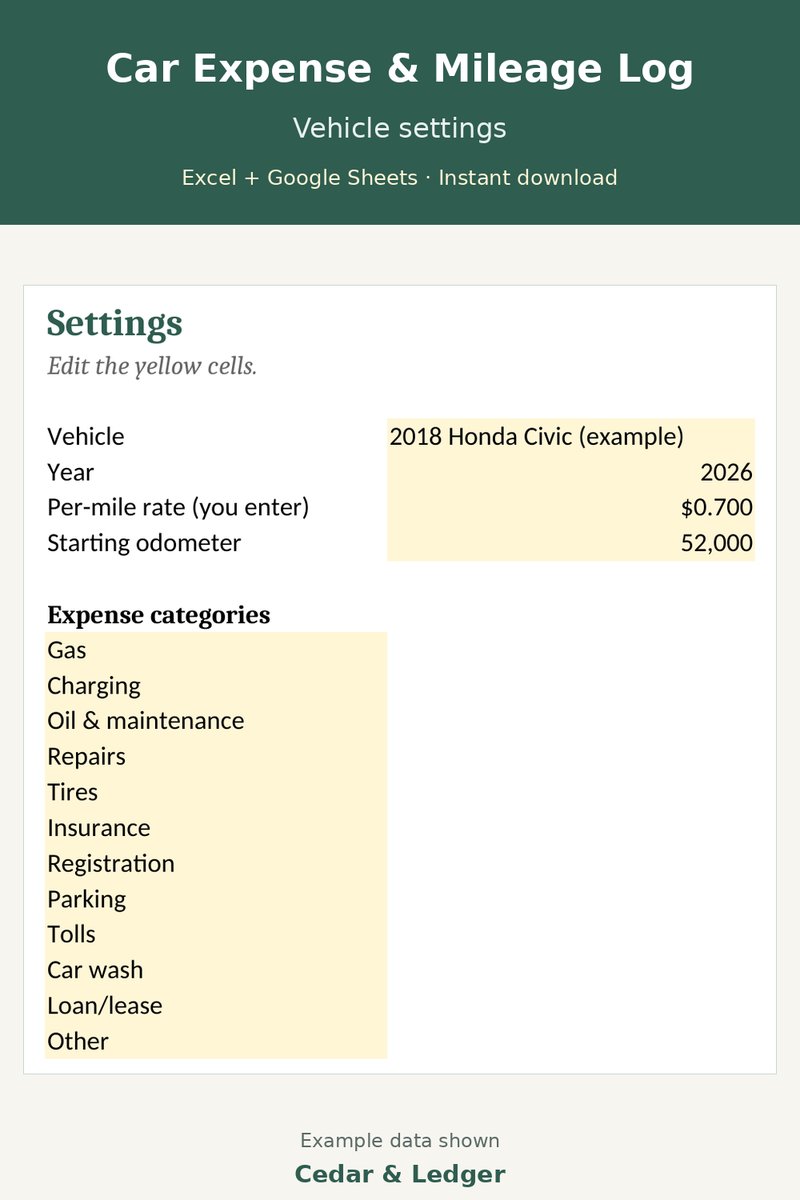 Mileage Log and Car Expense Tracker Spreadsheet: vehicle preview