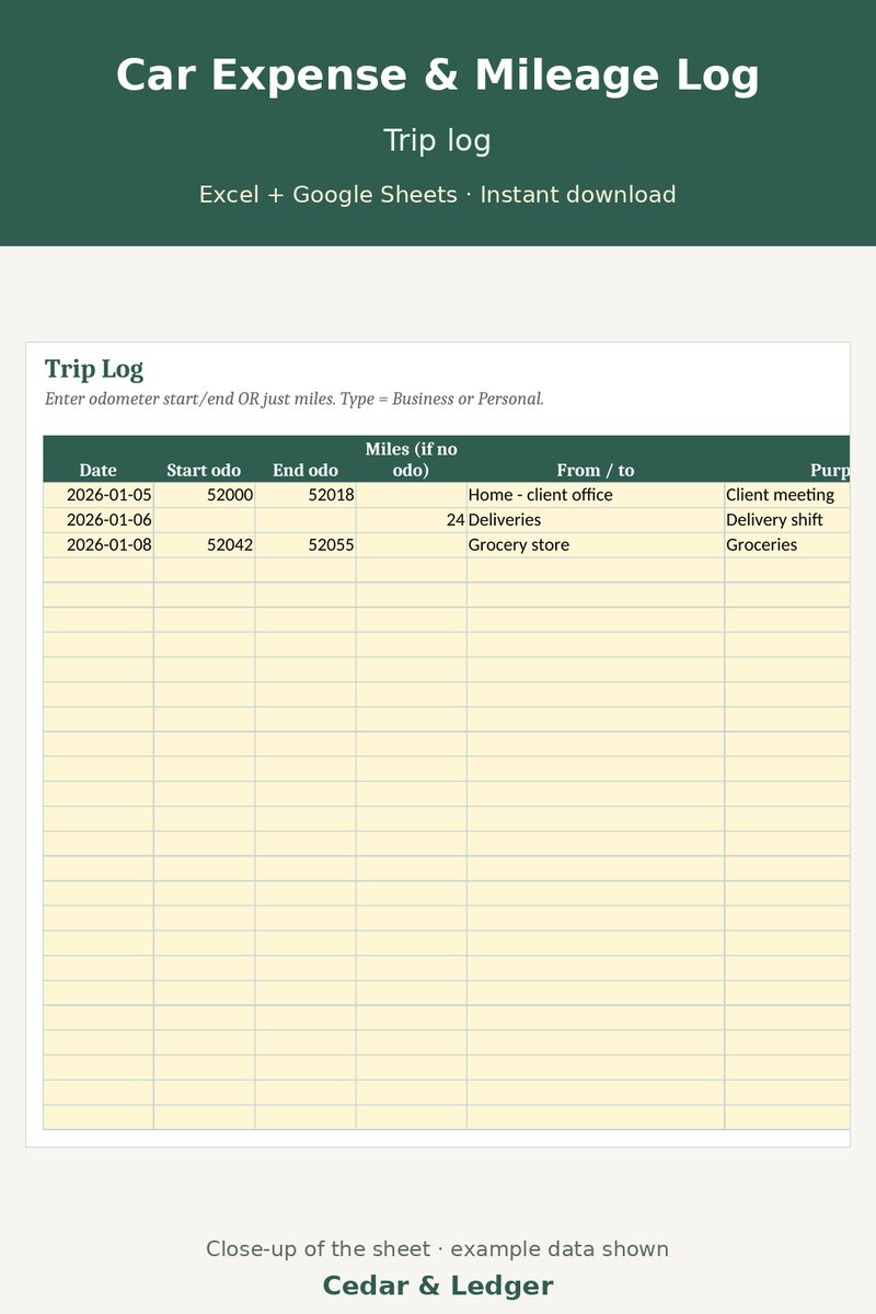 Mileage Log and Car Expense Tracker Spreadsheet: trip preview