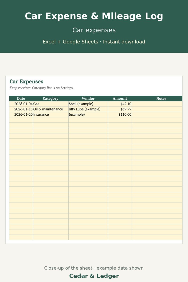 Mileage Log and Car Expense Tracker Spreadsheet: car preview