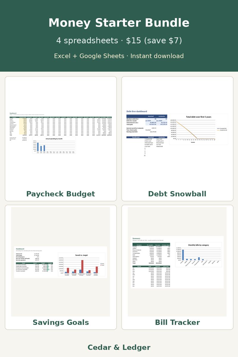 Money Starter Bundle: Budget, Debt Payoff, Savings and Bill Spreadsheets: cover preview