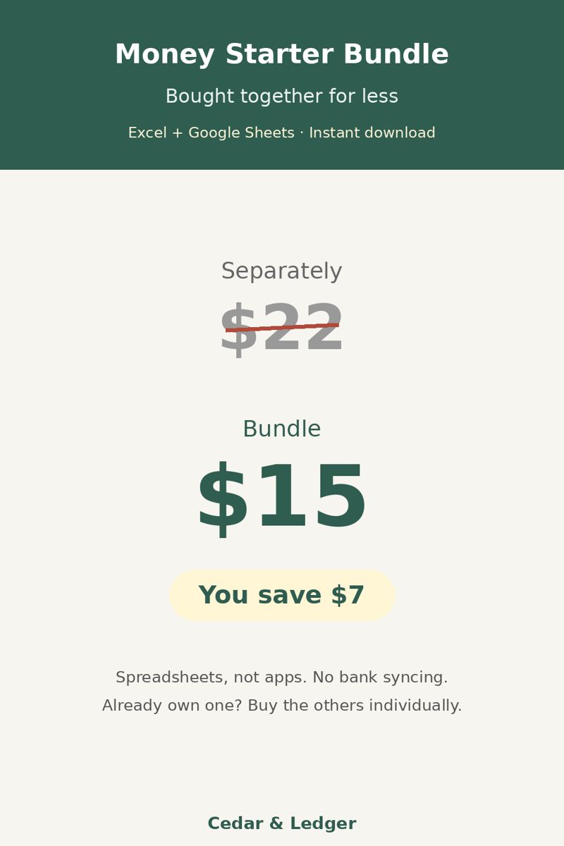 Money Starter Bundle: Budget, Debt Payoff, Savings and Bill Spreadsheets: price preview