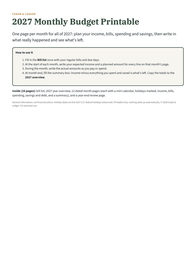 Monthly Budget Printable 2027 (Dated Budget Pages): page 01 preview