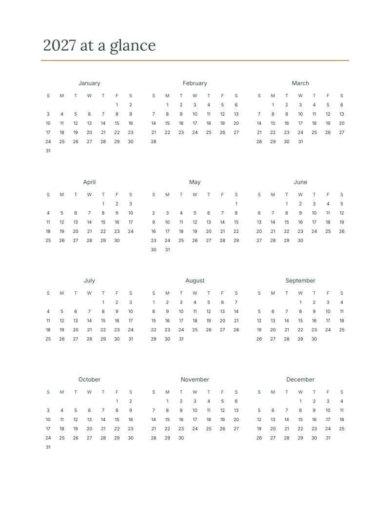 2027 Monthly Planner Printable: glance preview