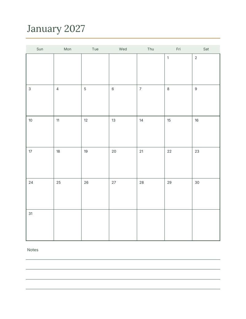 2027 Monthly Planner Printable: january preview