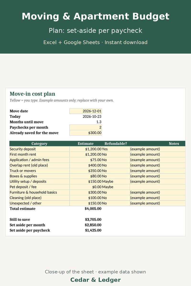 Moving & New Apartment Budget Tracker: plan preview