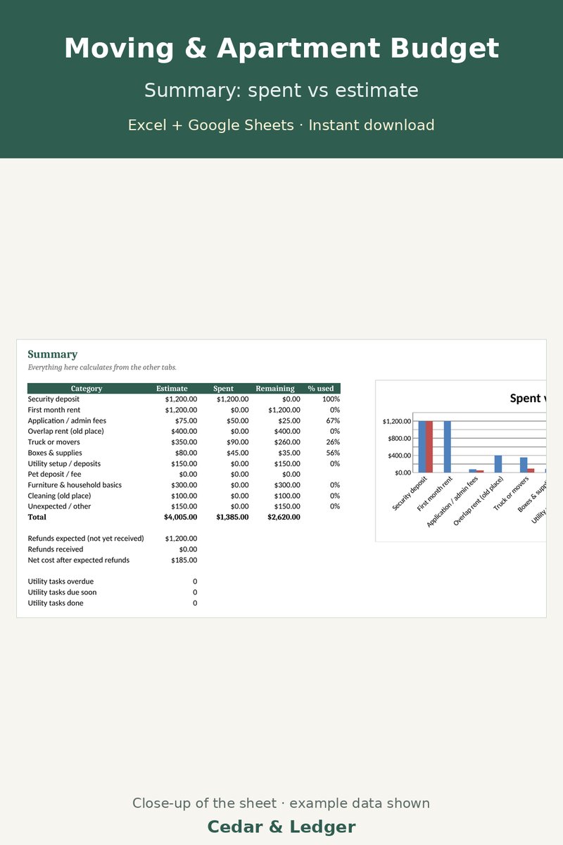 Moving & New Apartment Budget Tracker: summary preview