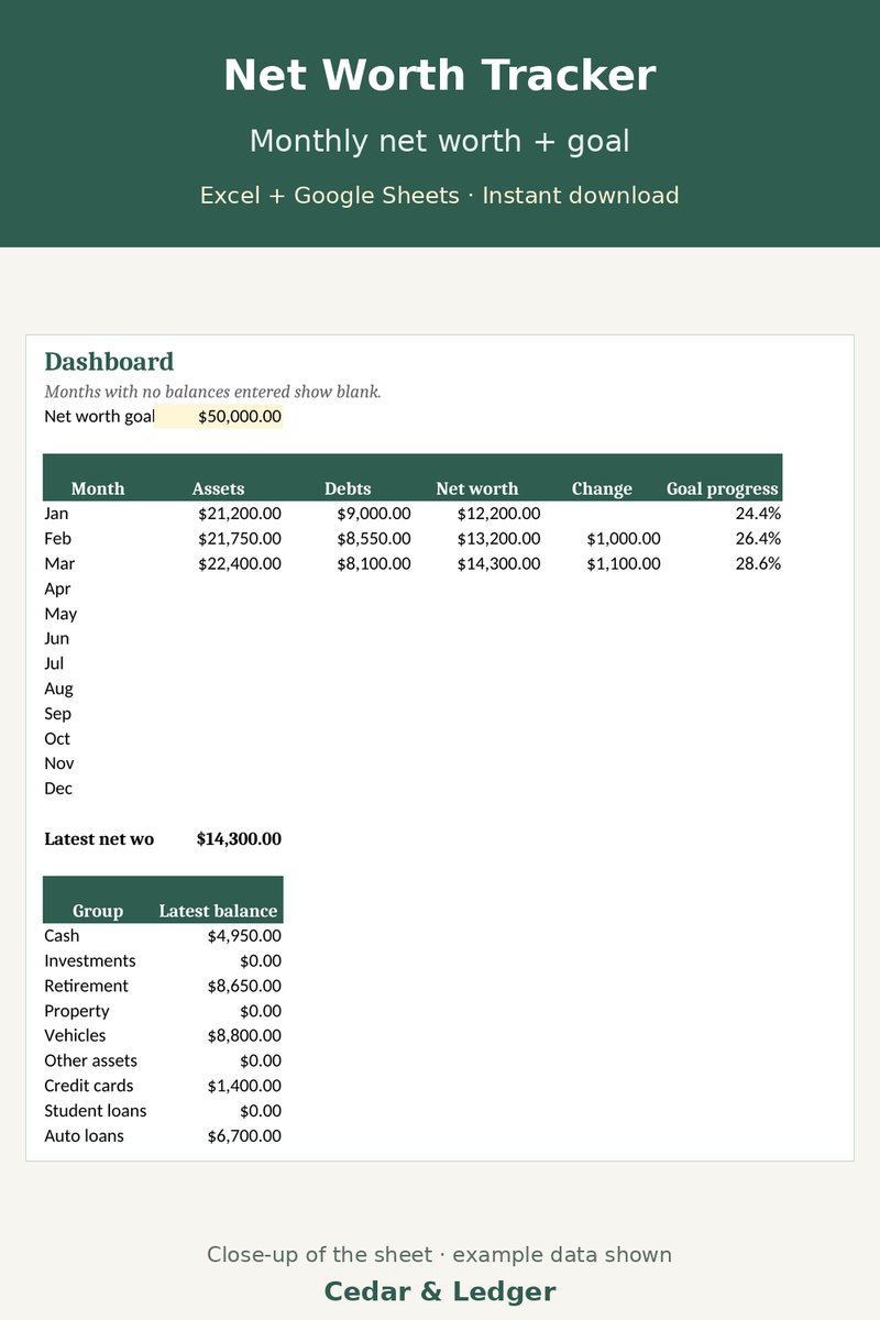 Net Worth Tracker Spreadsheet (Monthly Assets and Debts): monthly preview