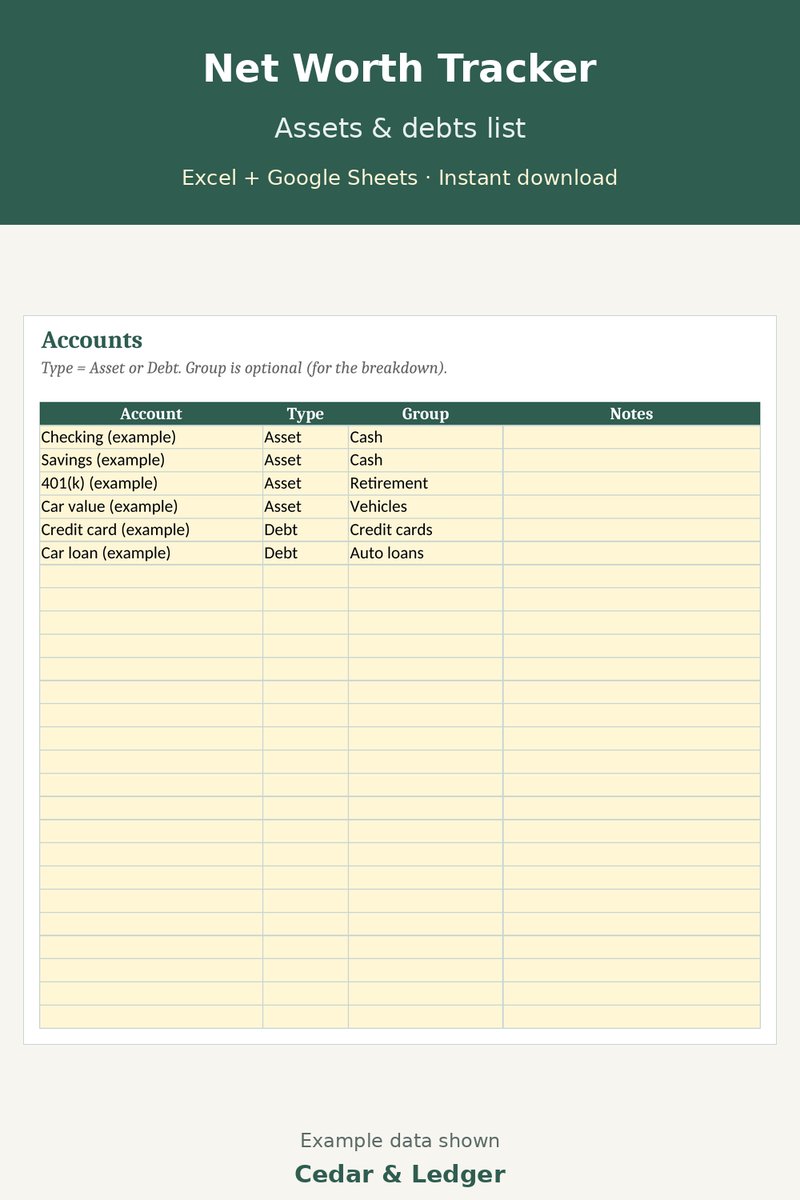 Net Worth Tracker Spreadsheet (Monthly Assets and Debts): assets preview