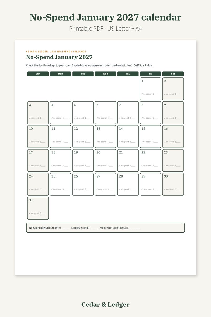 2027 No-Spend Challenge Printable preview (example data)