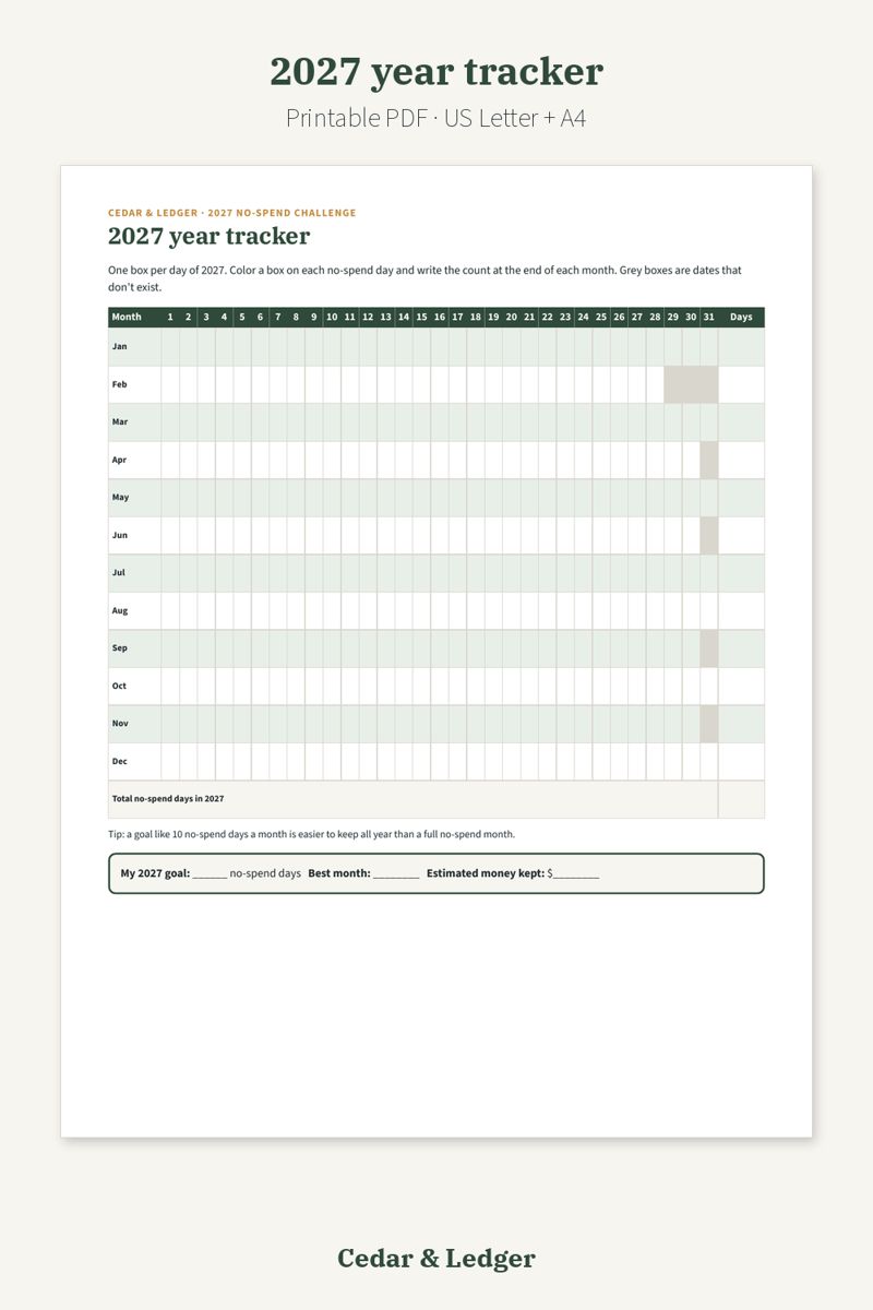 No-Spend Challenge Printable 2027 with No-Spend January Calendar: 2027 year tracker preview