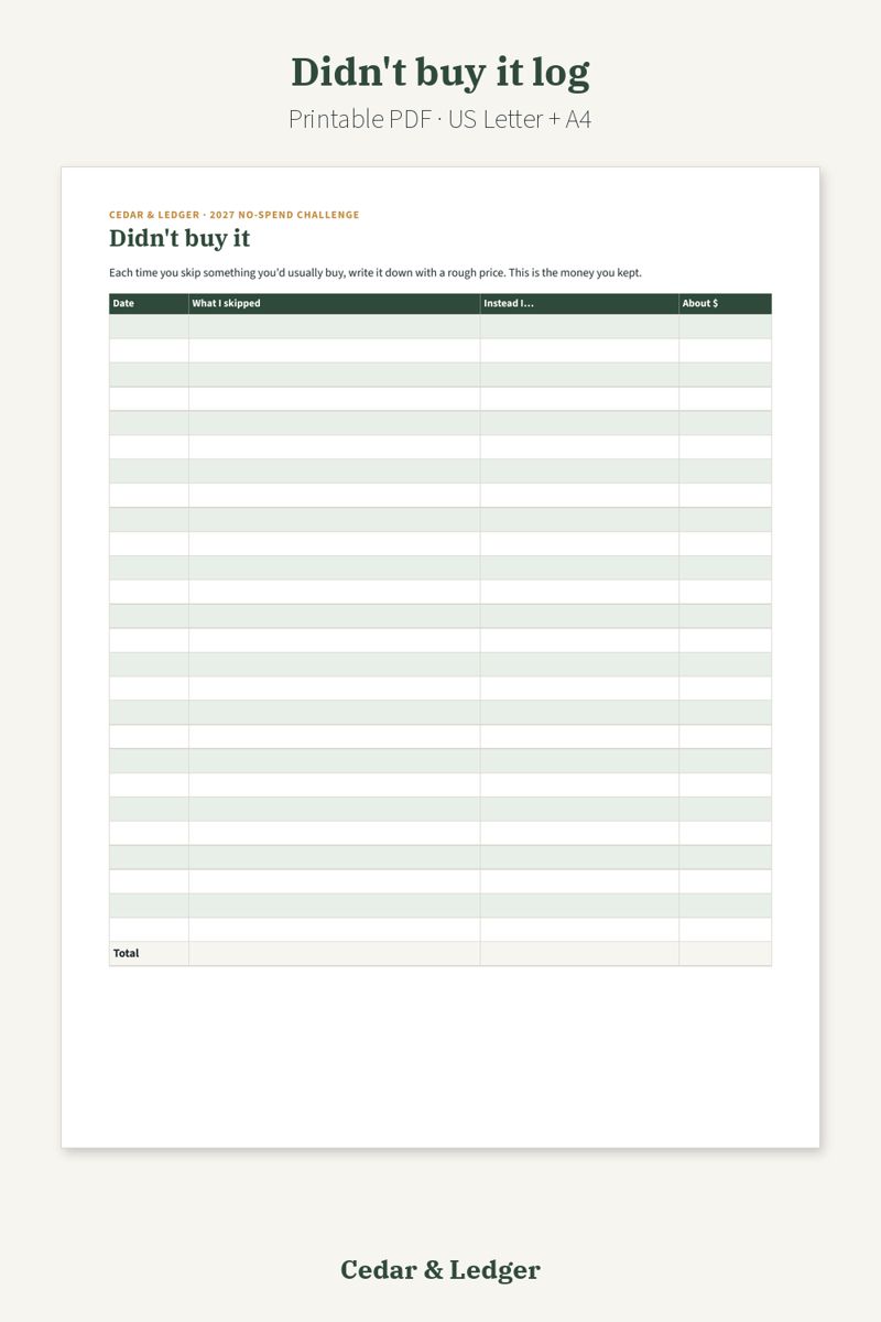 No-Spend Challenge Printable 2027 with No-Spend January Calendar: Didn't buy it log preview