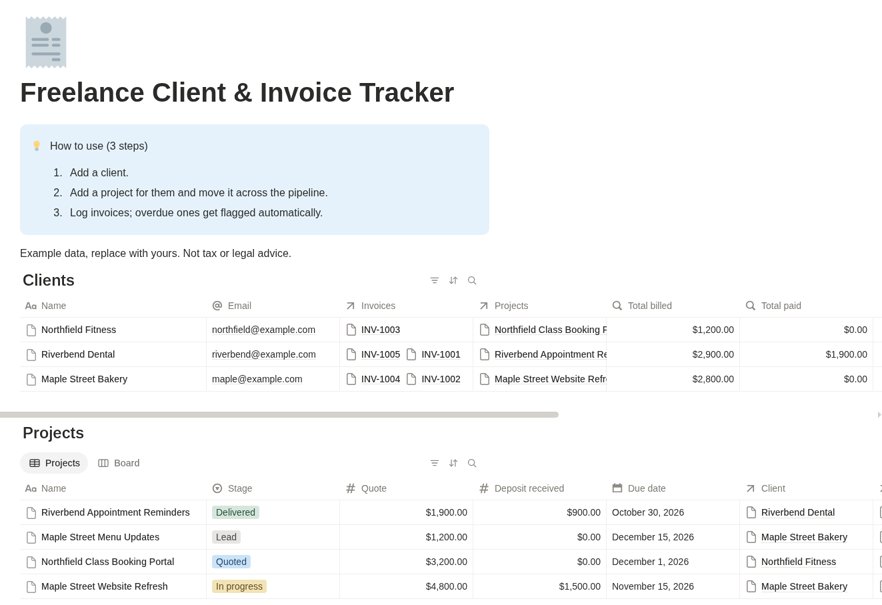Freelance Client & Invoice Tracker (Notion Template) inside view