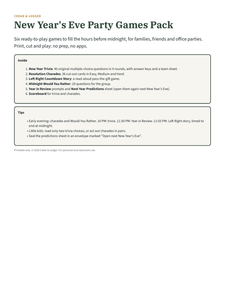 New Year's Eve Party Games Pack: inside preview