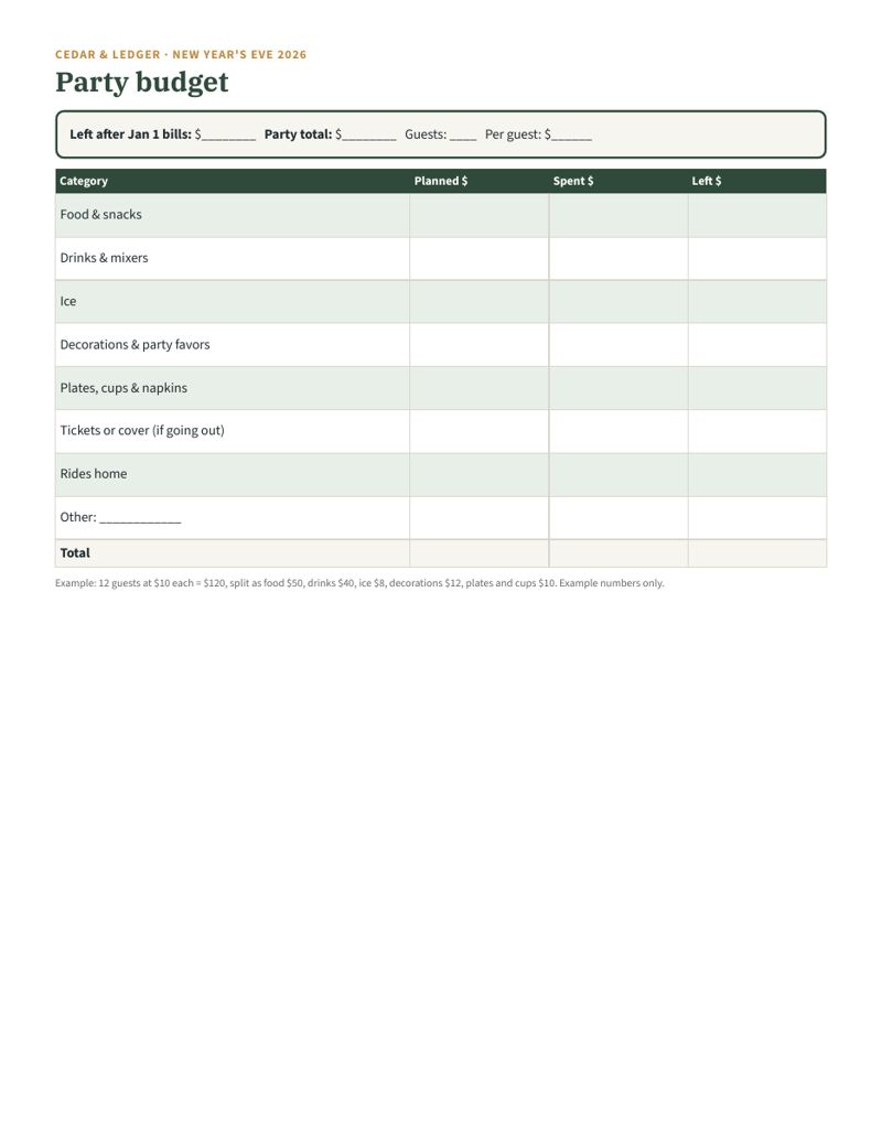 New Year's Eve Party Planner 2026 preview (example data)