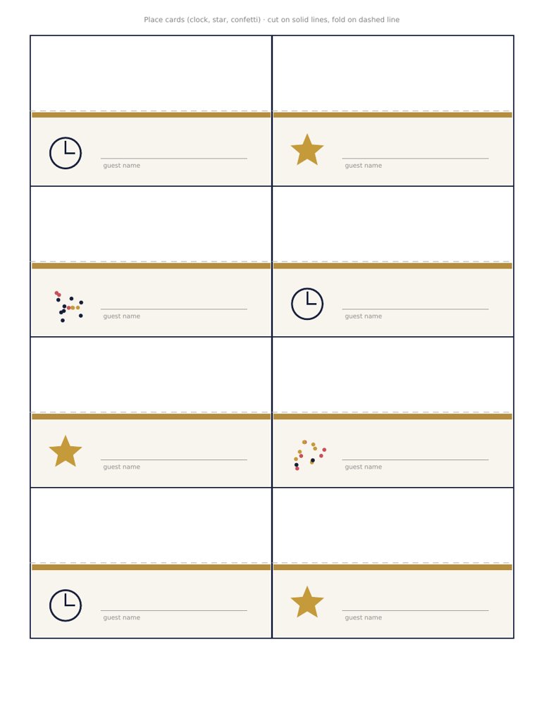 Fold-over New Year's Eve place cards in clock, star and confetti styles