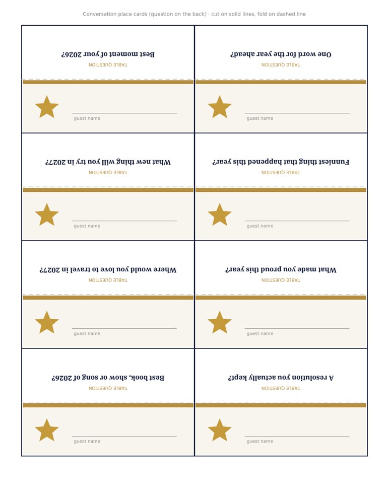 Conversation place cards with a question on the back