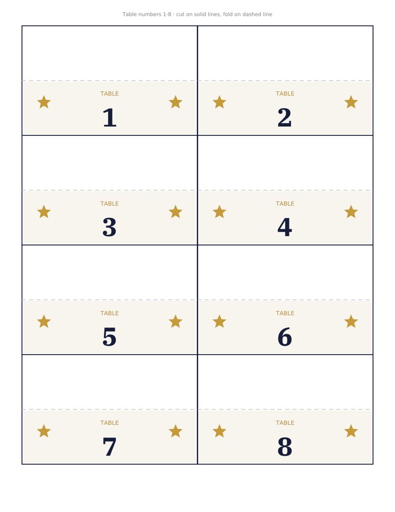 Table number cards 1-8