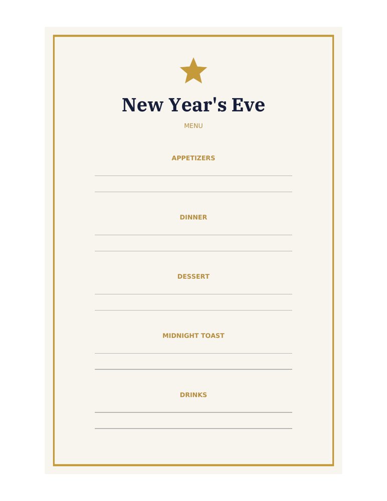 New Year's Eve Place Cards Printable: menu preview