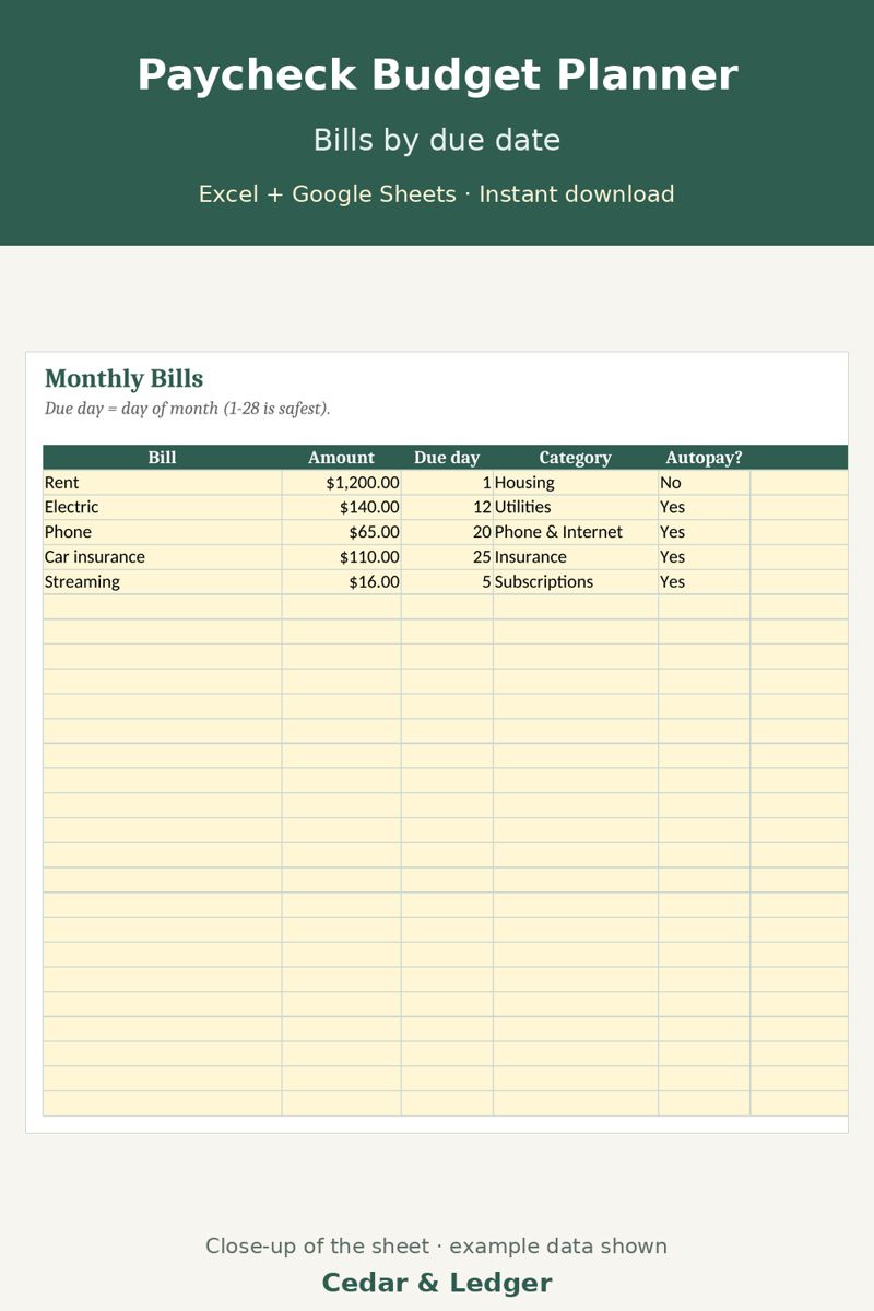 Paycheck Budget Spreadsheet (Biweekly Budget Template): bills preview