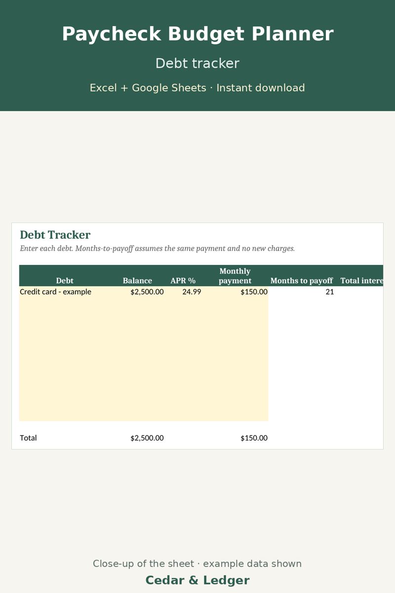 Paycheck Budget Spreadsheet (Biweekly Budget Template): debt preview