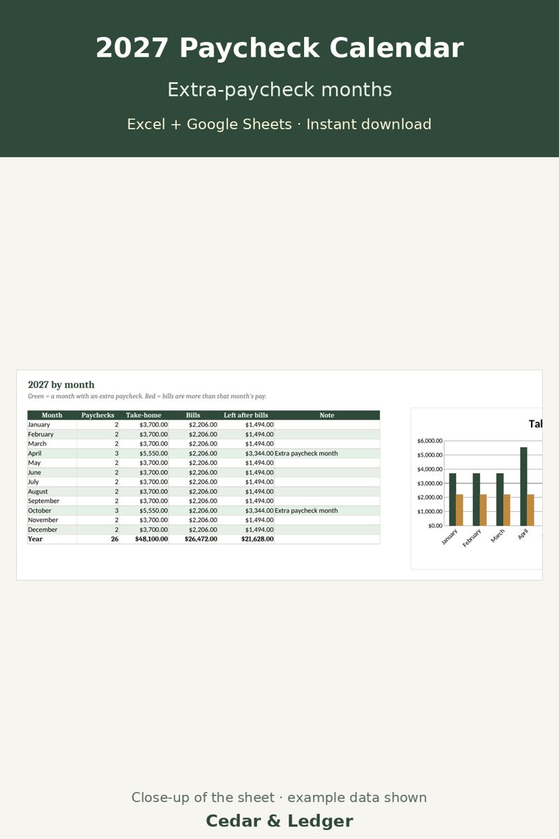 2027 Paycheck Calendar and Bill Planner (Biweekly Pay Dates): Months tab with extra-paycheck months preview