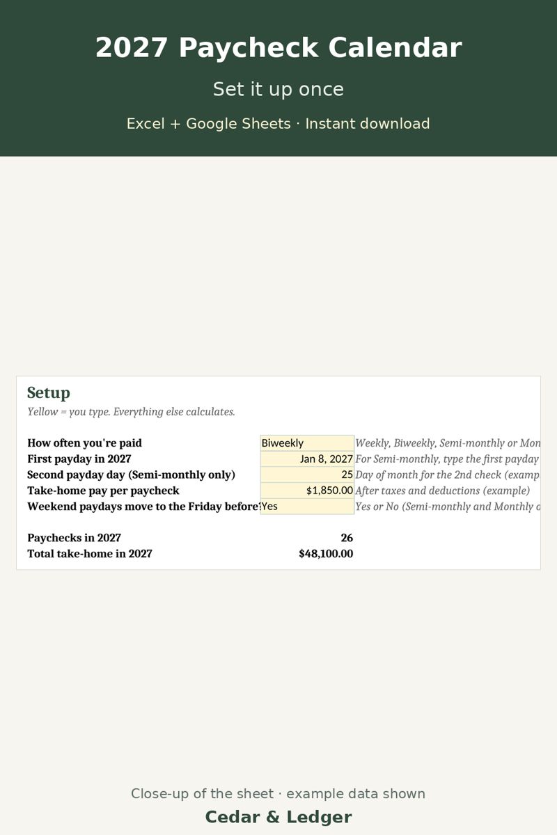 2027 Paycheck Calendar and Bill Planner (Biweekly Pay Dates): Setup tab preview