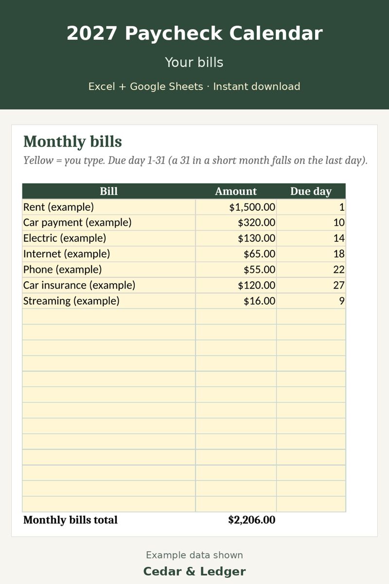 2027 Paycheck Calendar and Bill Planner (Biweekly Pay Dates): Bills tab preview