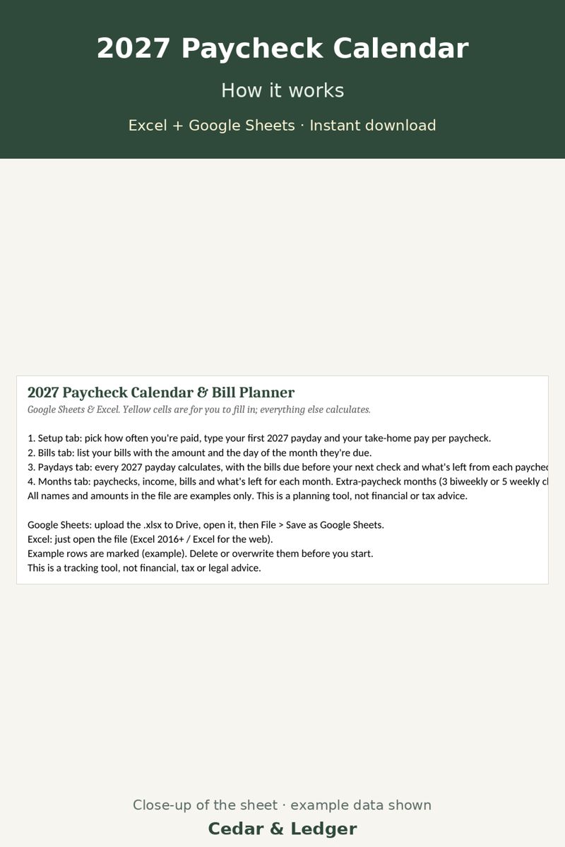 2027 Paycheck Calendar and Bill Planner (Biweekly Pay Dates): Start Here tab preview