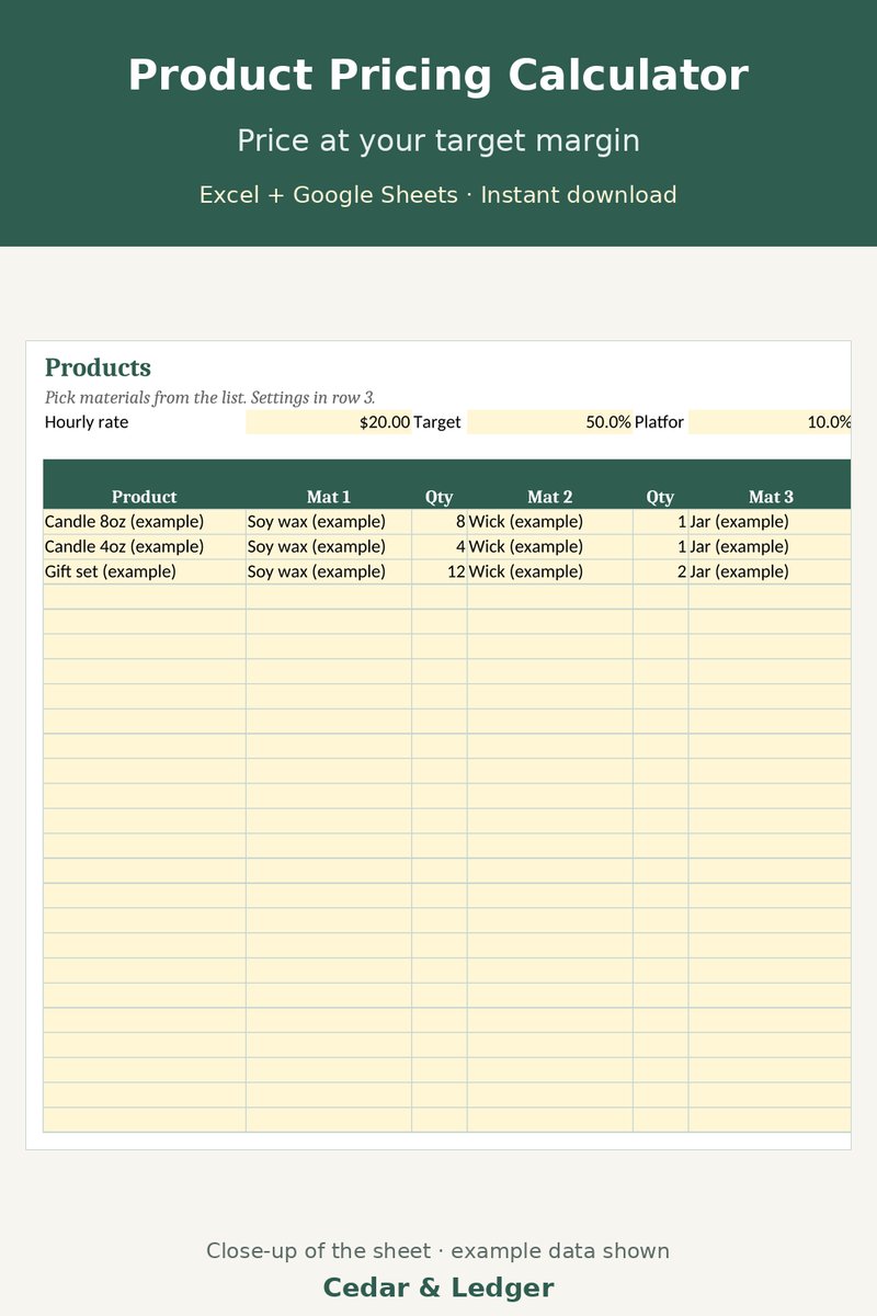 Product Pricing Calculator Spreadsheet | Handmade & Small Business Cost, Margin & Profit for Excel & Google Sheets: price preview