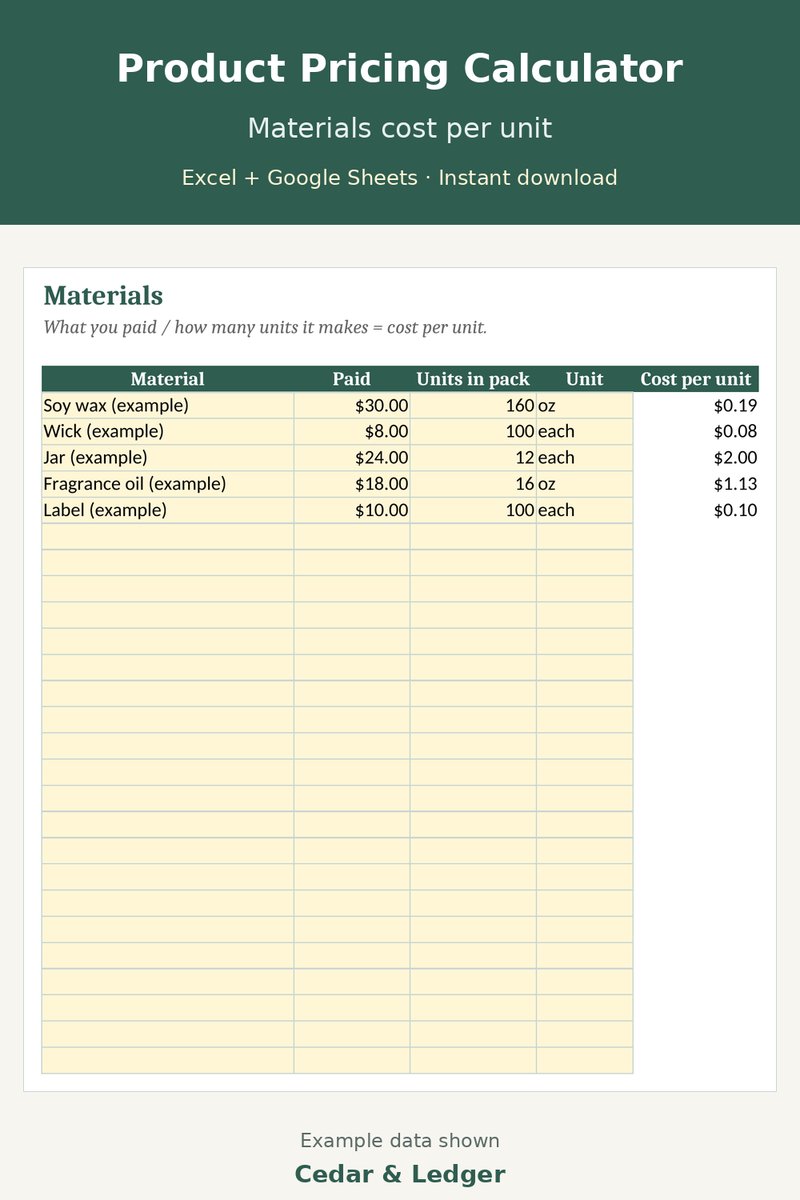 Product Pricing Calculator Spreadsheet | Handmade & Small Business Cost, Margin & Profit for Excel & Google Sheets: materials preview