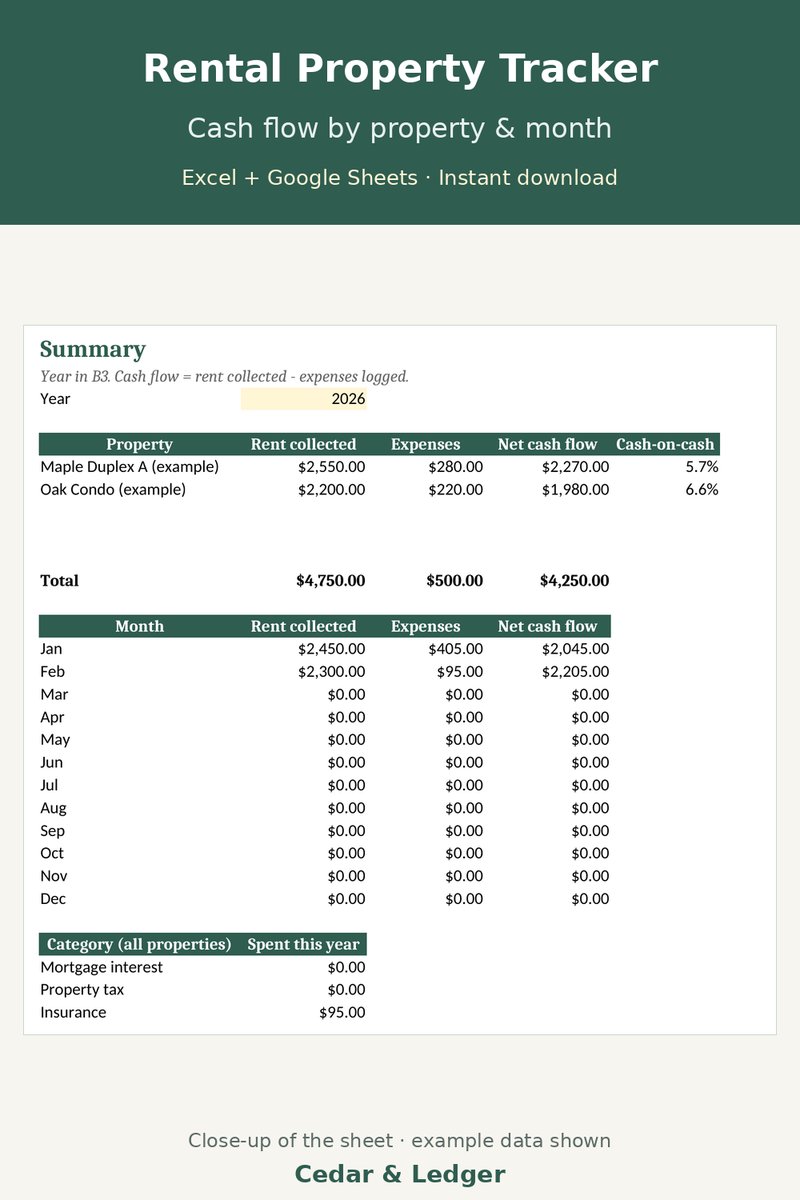 Rental Property Tracker Spreadsheet | Landlord Income & Expense, Rent Log for Excel & Google Sheets: cash preview