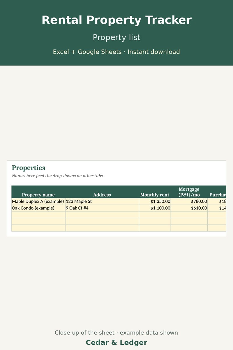 Rental Property Tracker Spreadsheet | Landlord Income & Expense, Rent Log for Excel & Google Sheets: property preview