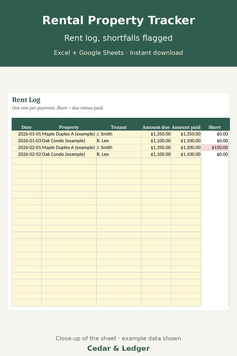 Rental Property Tracker Spreadsheet | Landlord Income & Expense, Rent Log for Excel & Google Sheets: rent preview