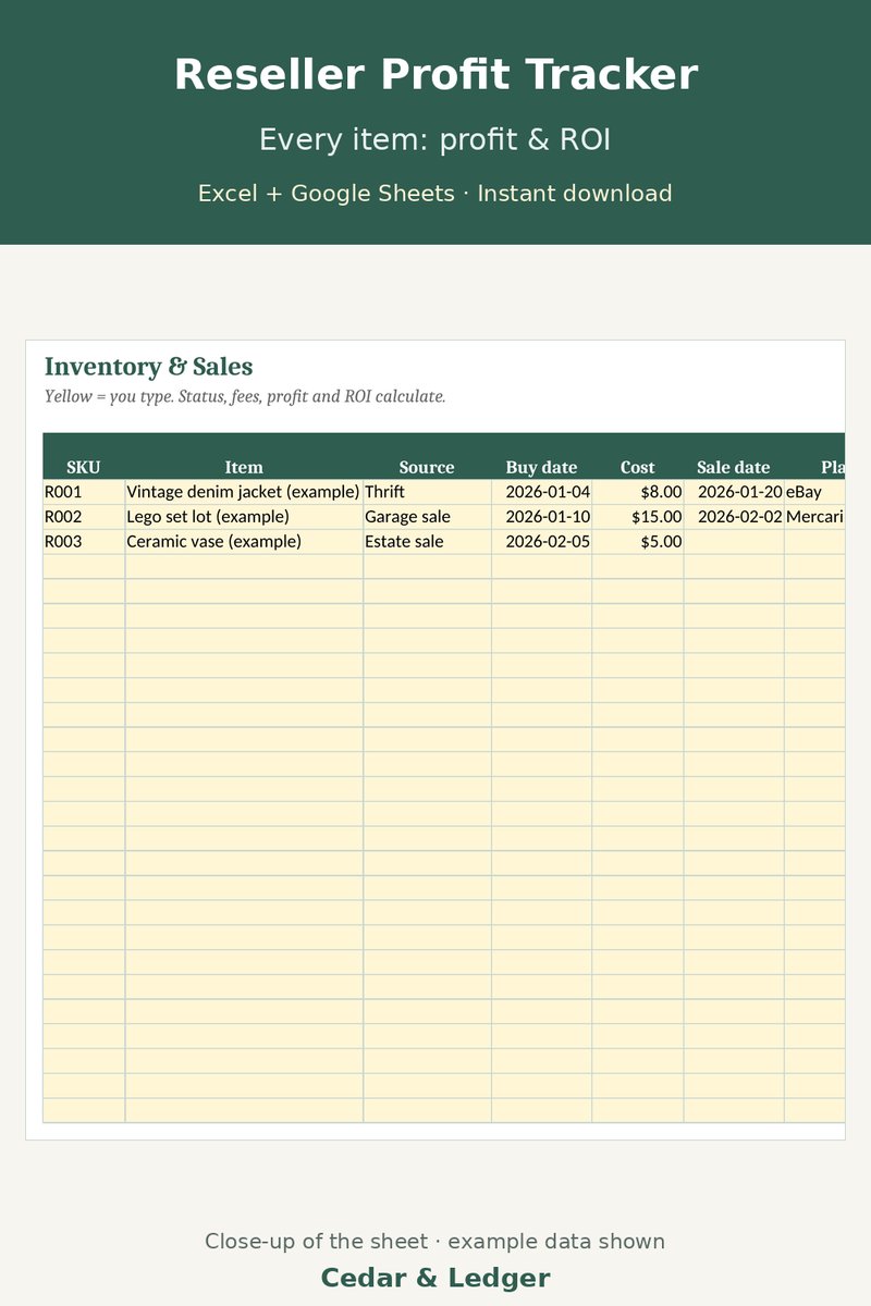 Reseller Inventory & Profit Tracker Spreadsheet | eBay, Poshmark, Mercari, Etsy Sales Log for Excel & Google Sheets: every preview