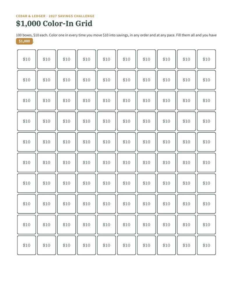 2027 Savings Challenge Printable: 52-Week Chart and 5 More: $1,000 color-in grid preview