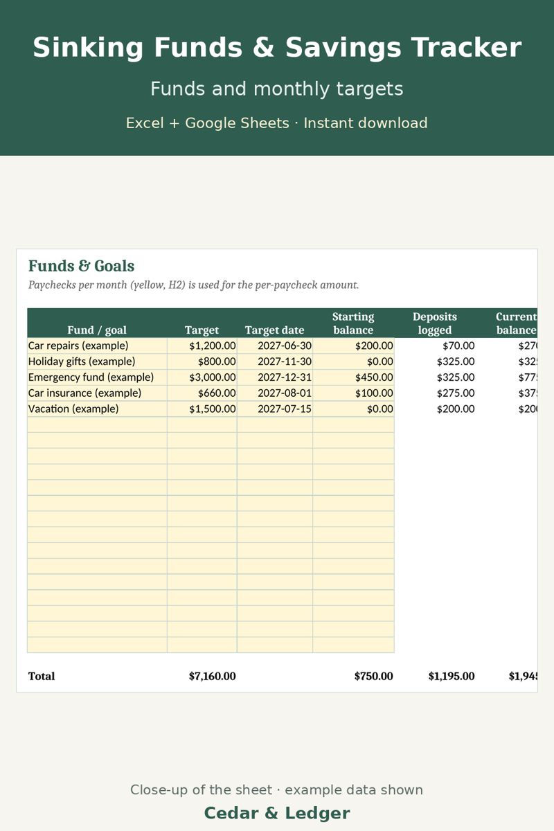 Sinking Funds and Savings Goal Tracker Spreadsheet: funds preview