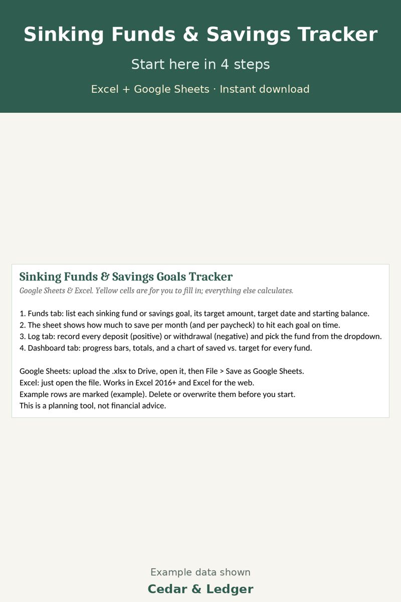 Sinking Funds and Savings Goal Tracker Spreadsheet: start preview