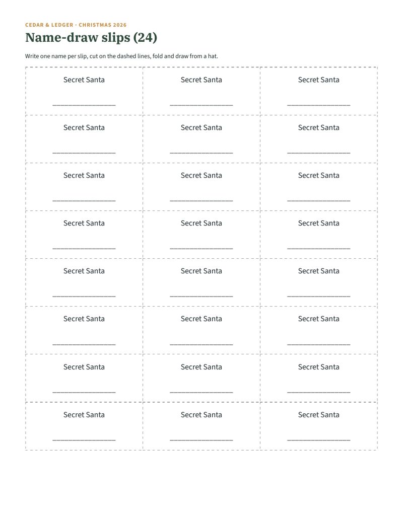 Secret Santa Gift Exchange Kit: name slips preview