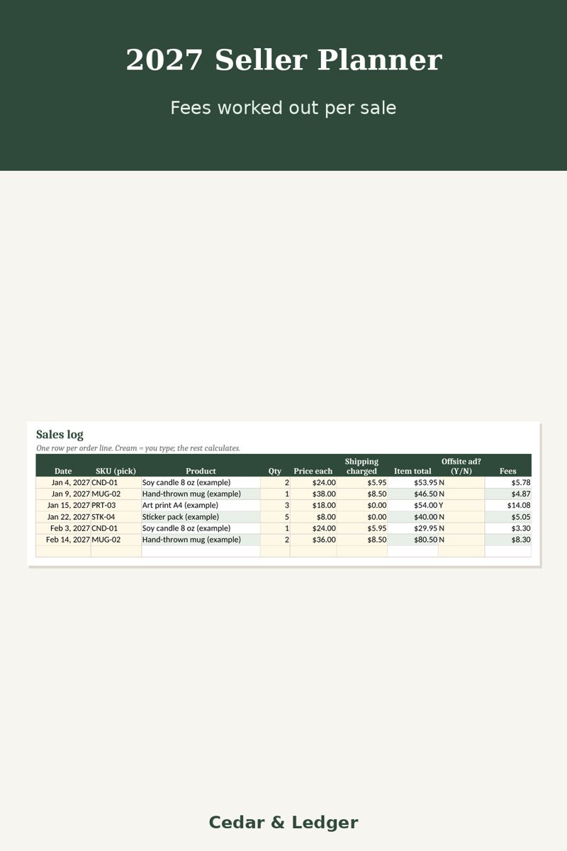 2027 Seller Planner for Etsy & Small Shops: fees preview