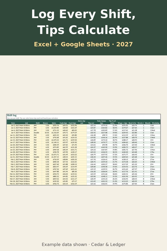 2027 Server & Bartender Tip Tracker: shifts preview