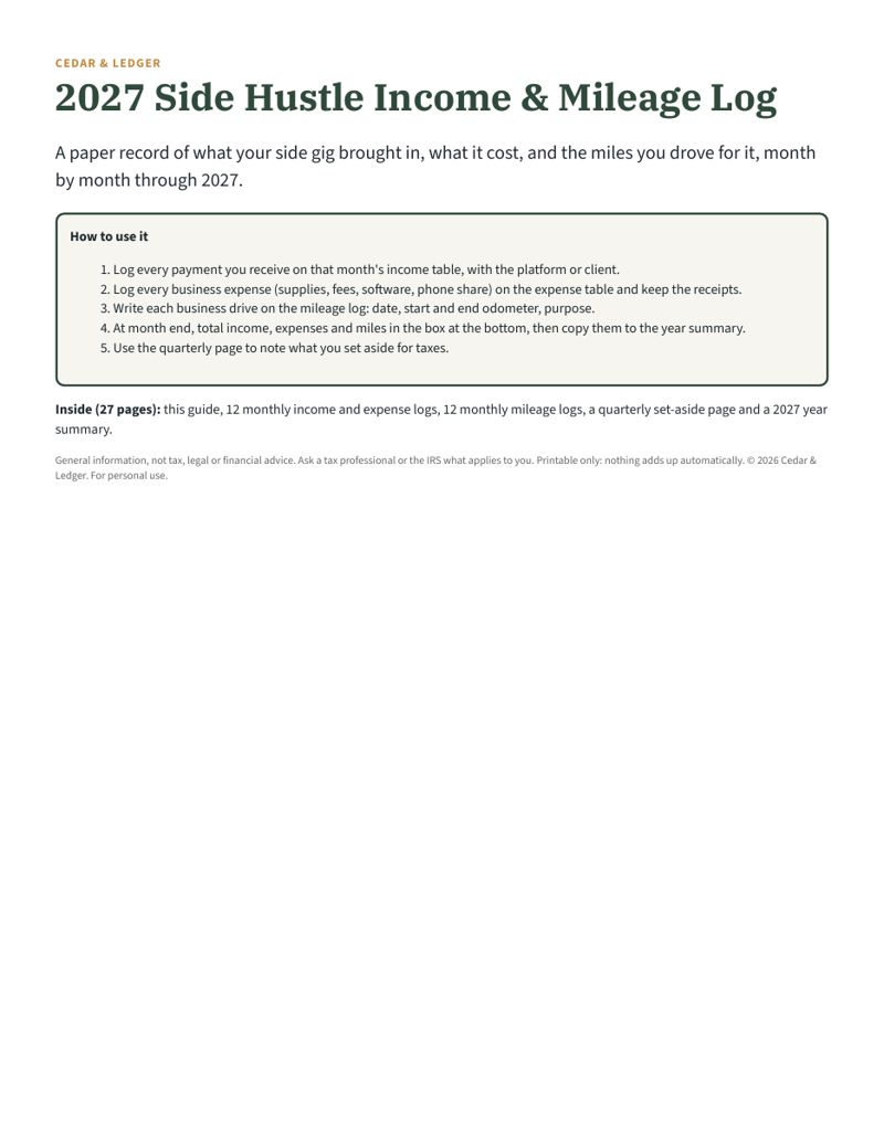 2027 Side Hustle Income & Mileage Log Printable preview (example data)