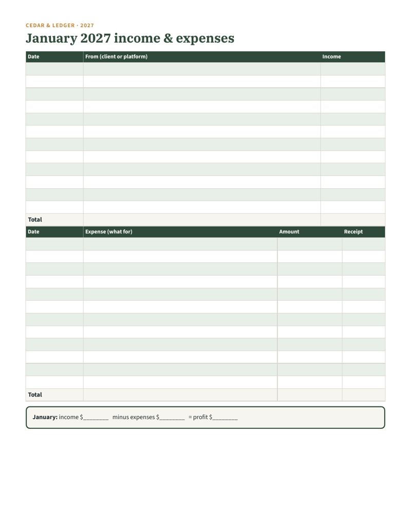 2027 Side Hustle Income & Mileage Log Printable: income 02 preview